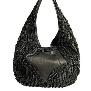 Lockheart RARE black leather hobo bag with ruffled leather embellishments
